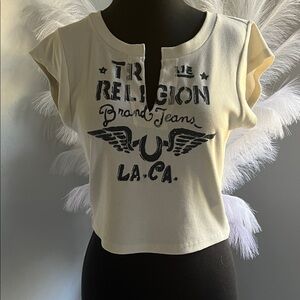 True Religion Cream Graphic Ribbed Crop Top
